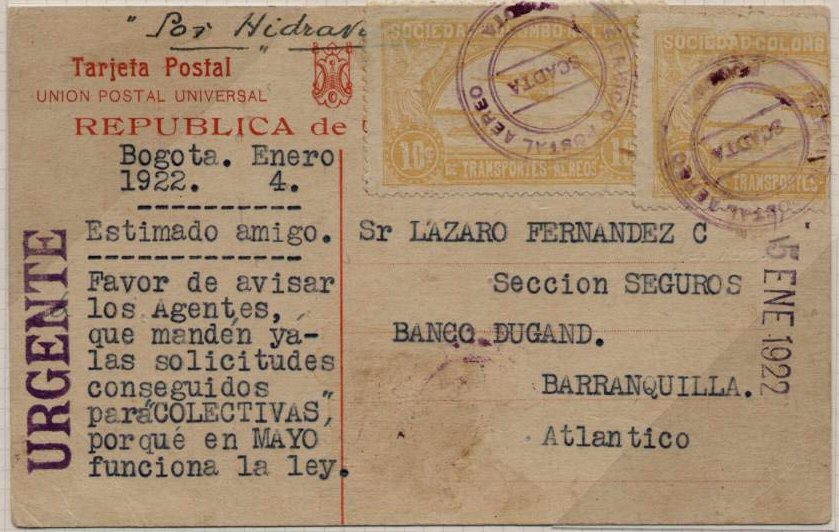 10 centavos Yellow SCADTA Bisect Cover